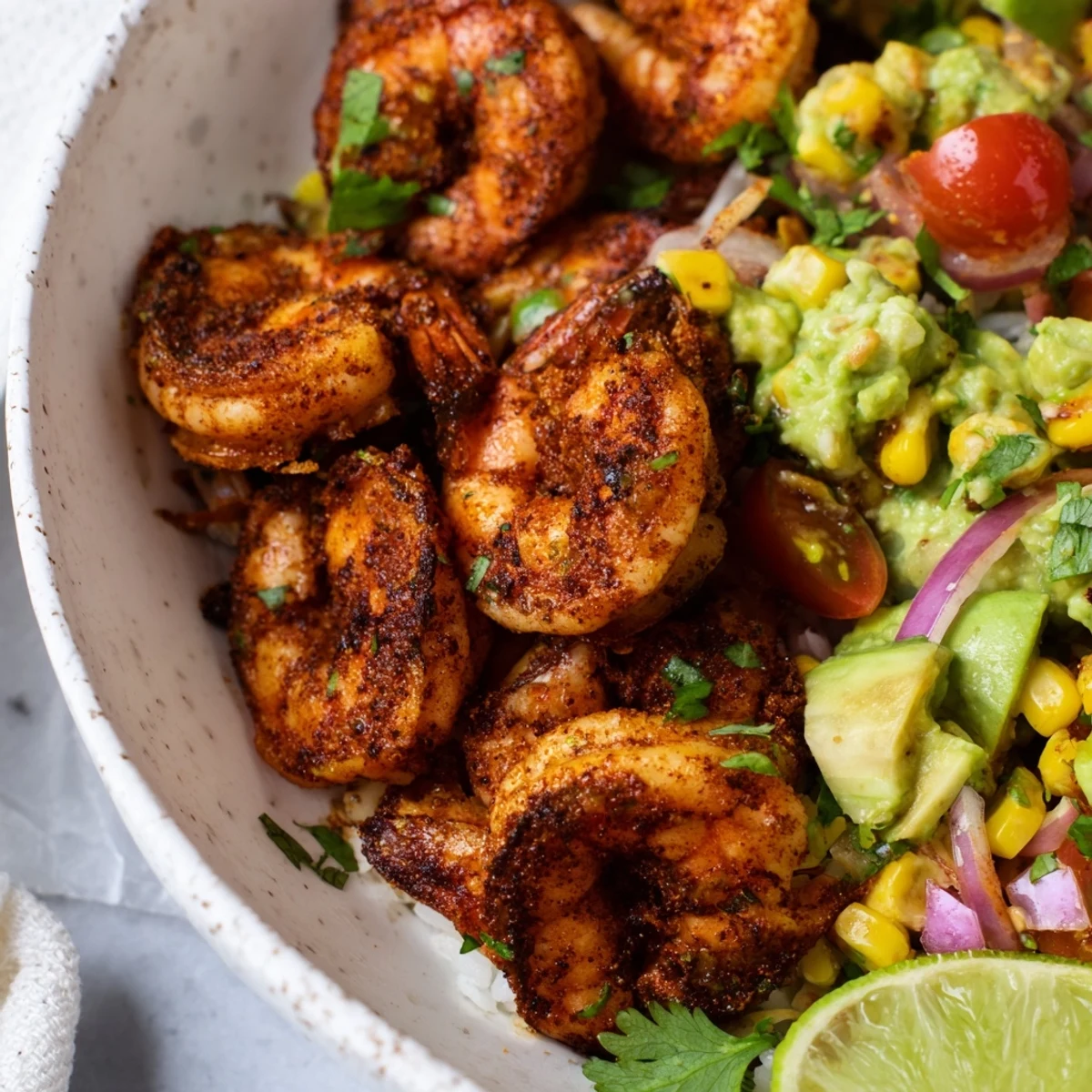 Spicy blackened shrimp bowl topped with creamy avocado corn salsa and fluffy rice.