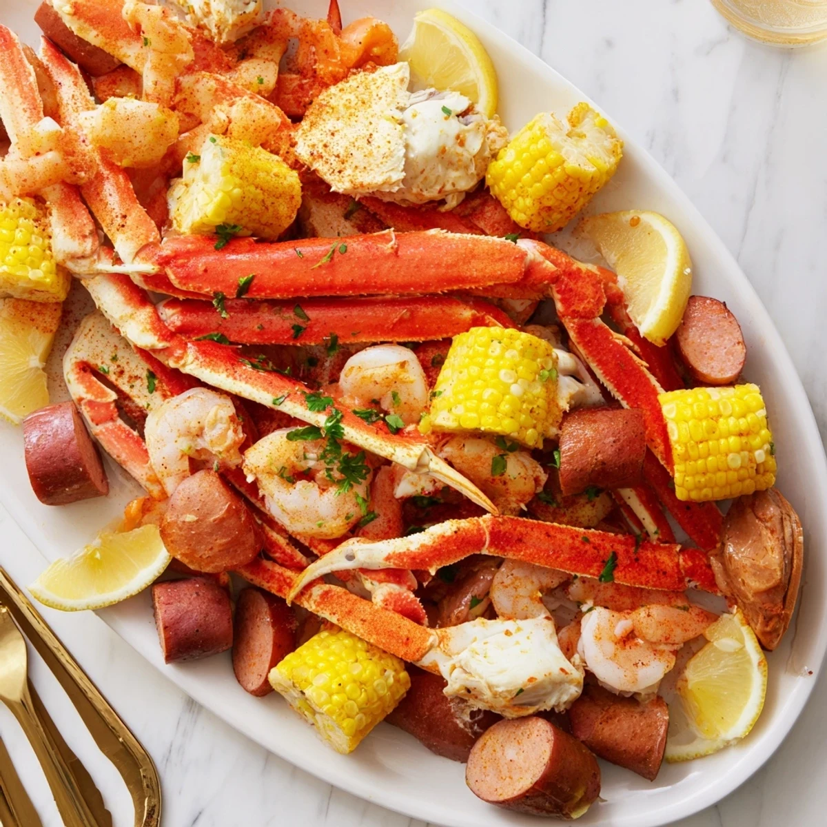 Colorful seafood boil with crab legs, succulent shrimp, and spicy sausage ready to serve.  