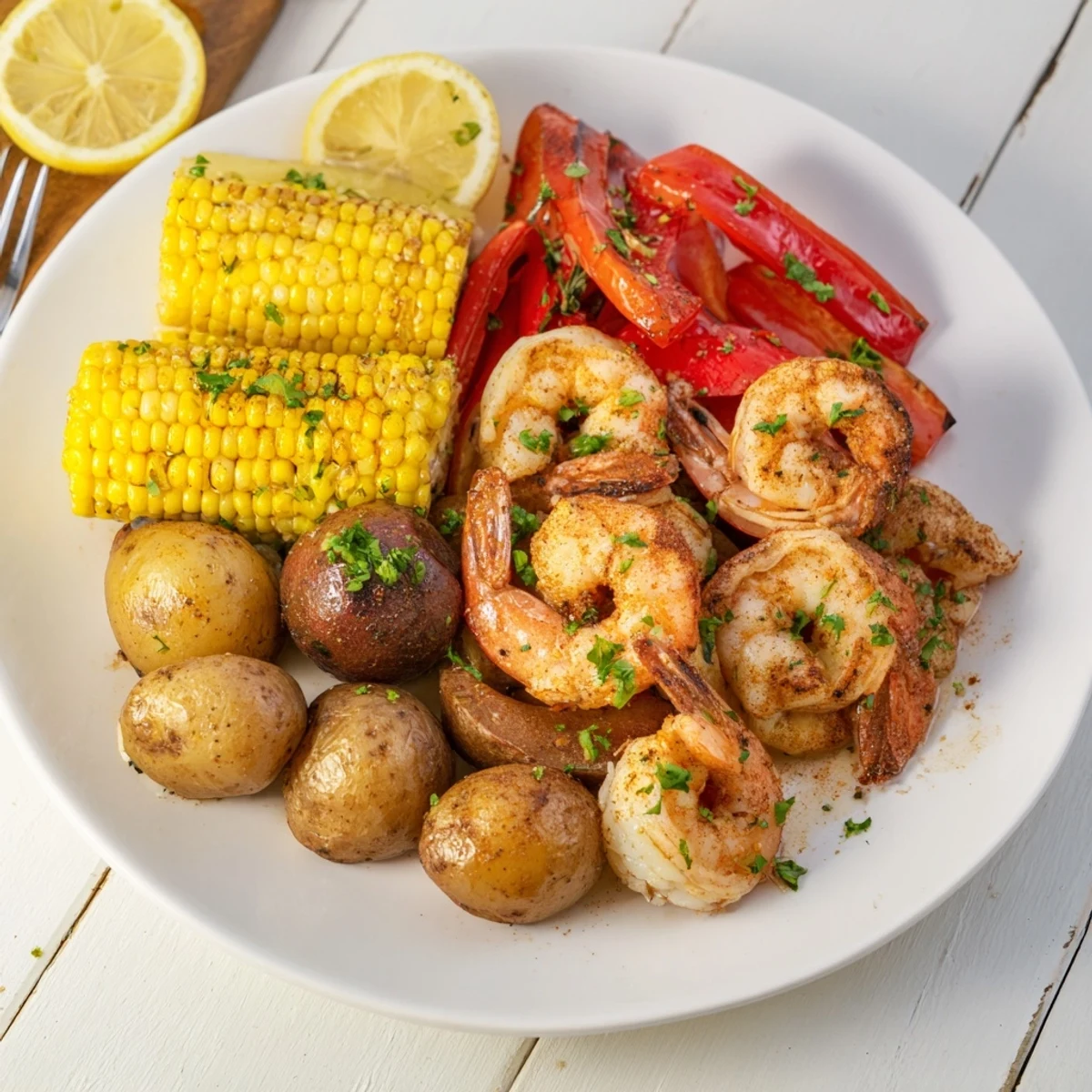 Vibrant Cajun shrimp & sweet corn platter, perfect for summer gatherings and flavor lovers.  