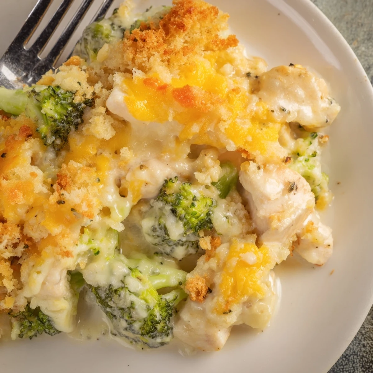 Savory Chicken & Broccoli Cheddar Bake topped with crunchy breadcrumbs and melted cheese.
