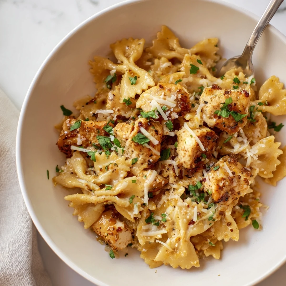 Tender Mozzarella Garlic Butter Chicken Bowties topped with melted cheese and fresh parsley.  