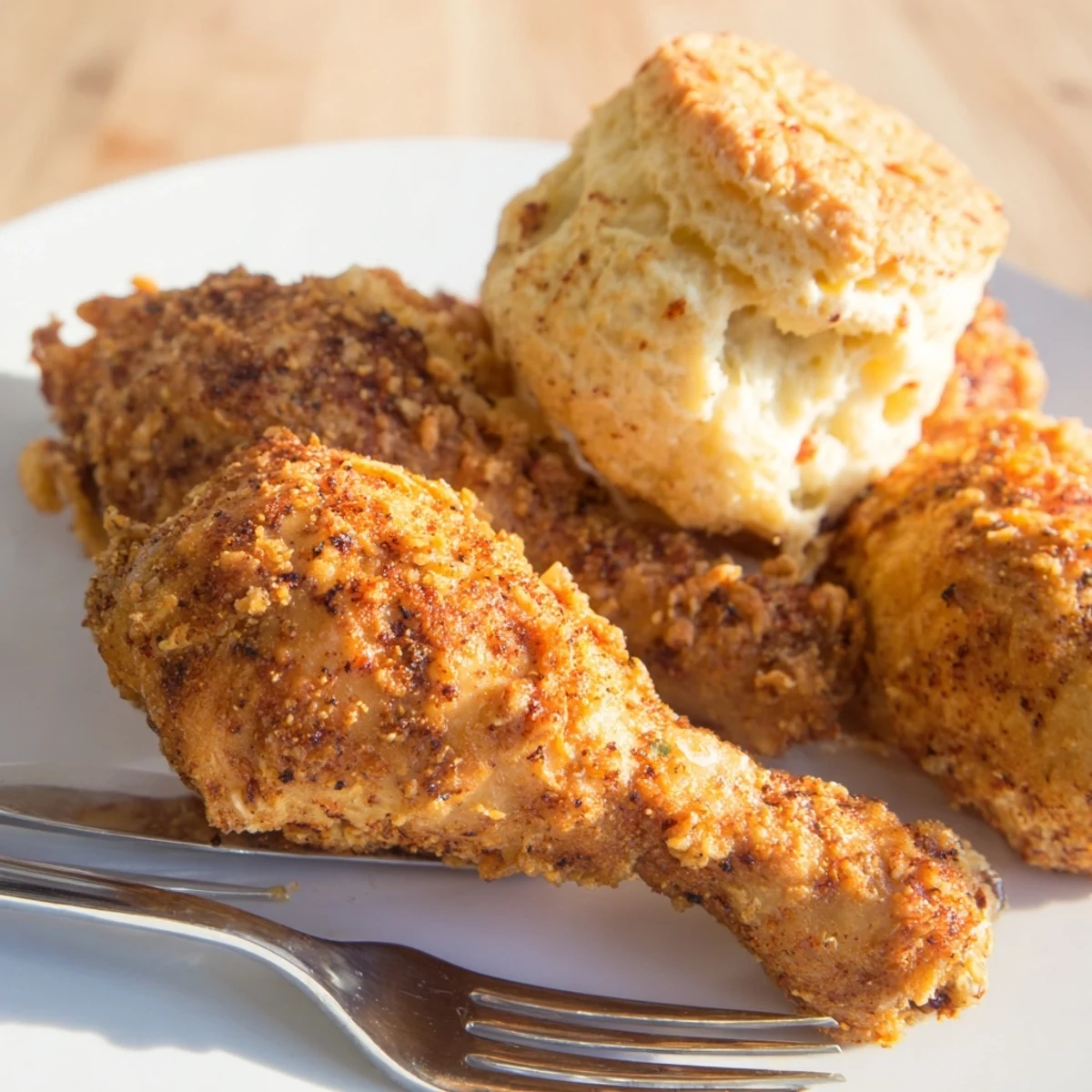 Crispy Southern fried chicken served with warm buttermilk biscuits, perfect for gatherings.  