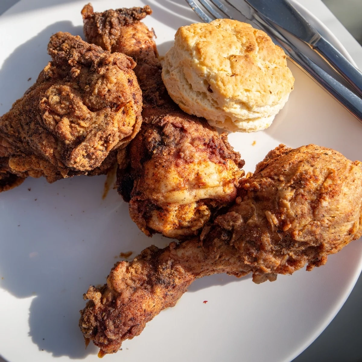 Golden-brown buttermilk biscuits alongside juicy fried chicken, a Southern staple comfort meal.  