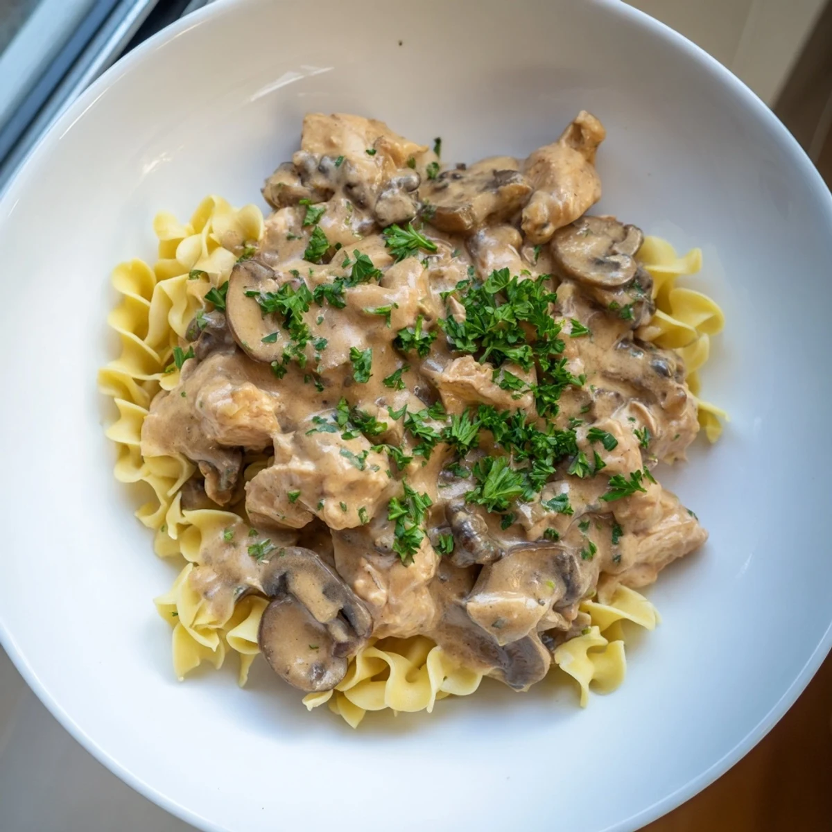 Golden, tender chicken pieces swimming in a creamy, savory sauce – a delicious Creamy Chicken Stroganoff.