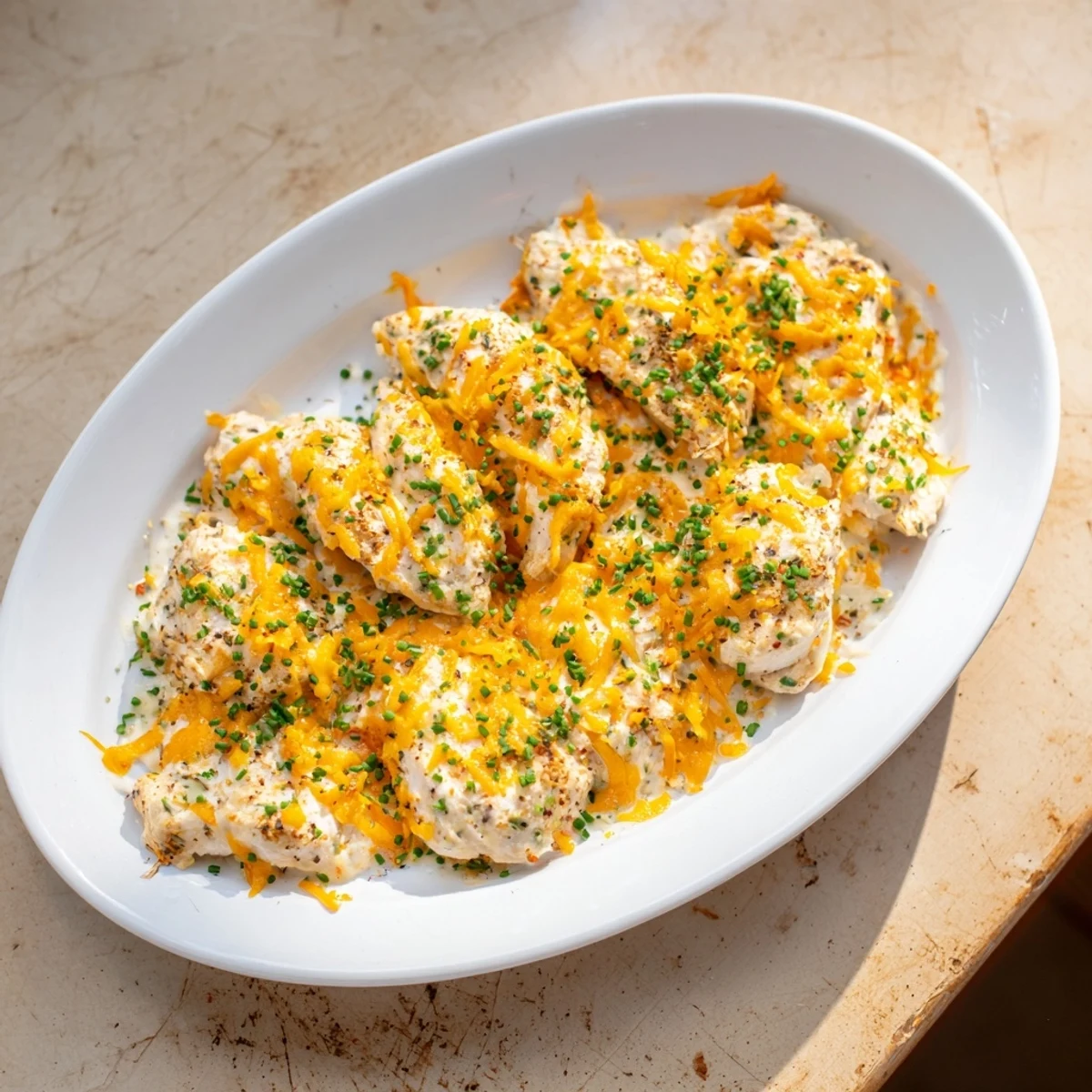 Golden-topped Cheddar Ranch Chicken Bake, with bubbly cheese and tender chicken, ready to serve.