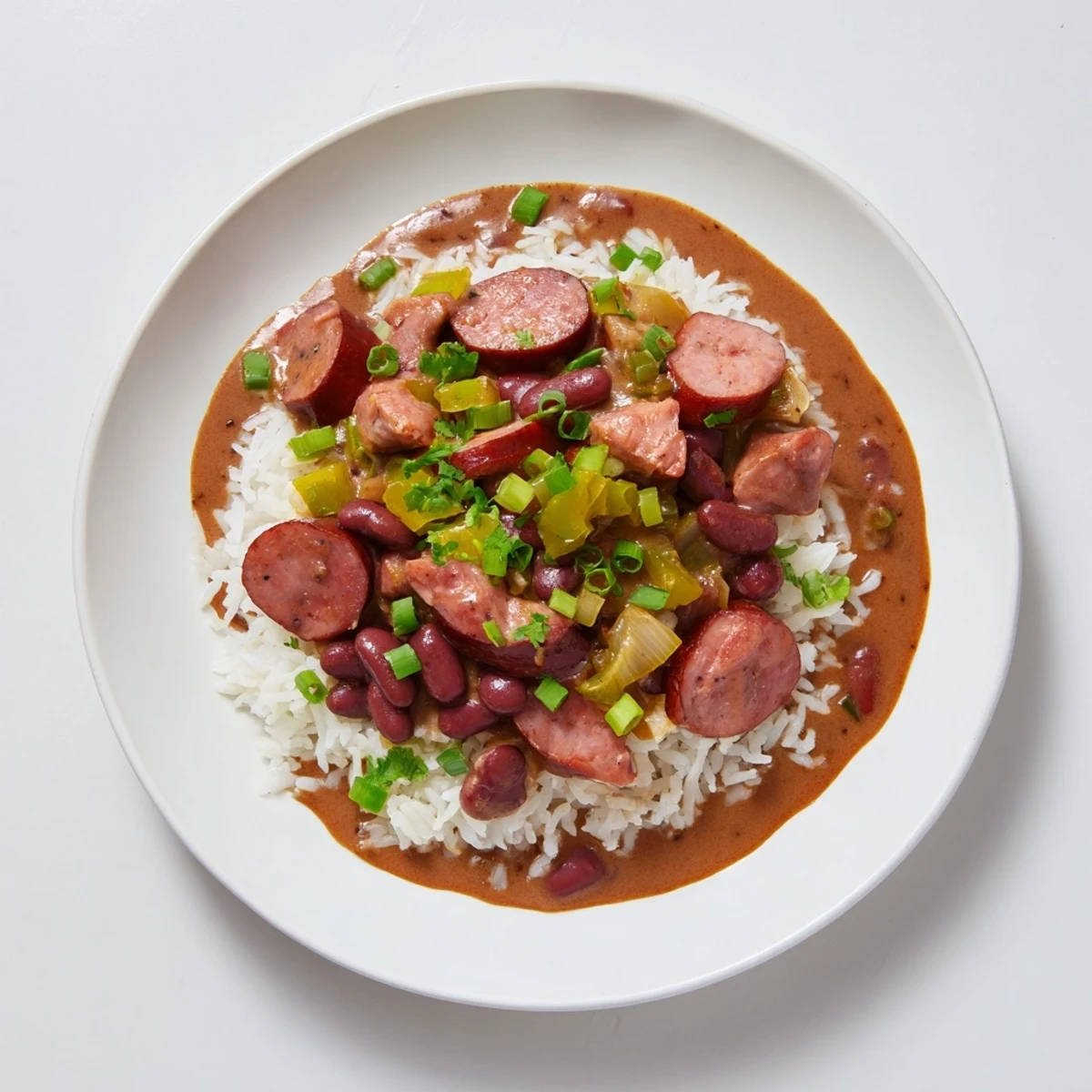 Steaming bowl of Red Beans & Rice, featuring smoky sausage and fresh green onion garnish.