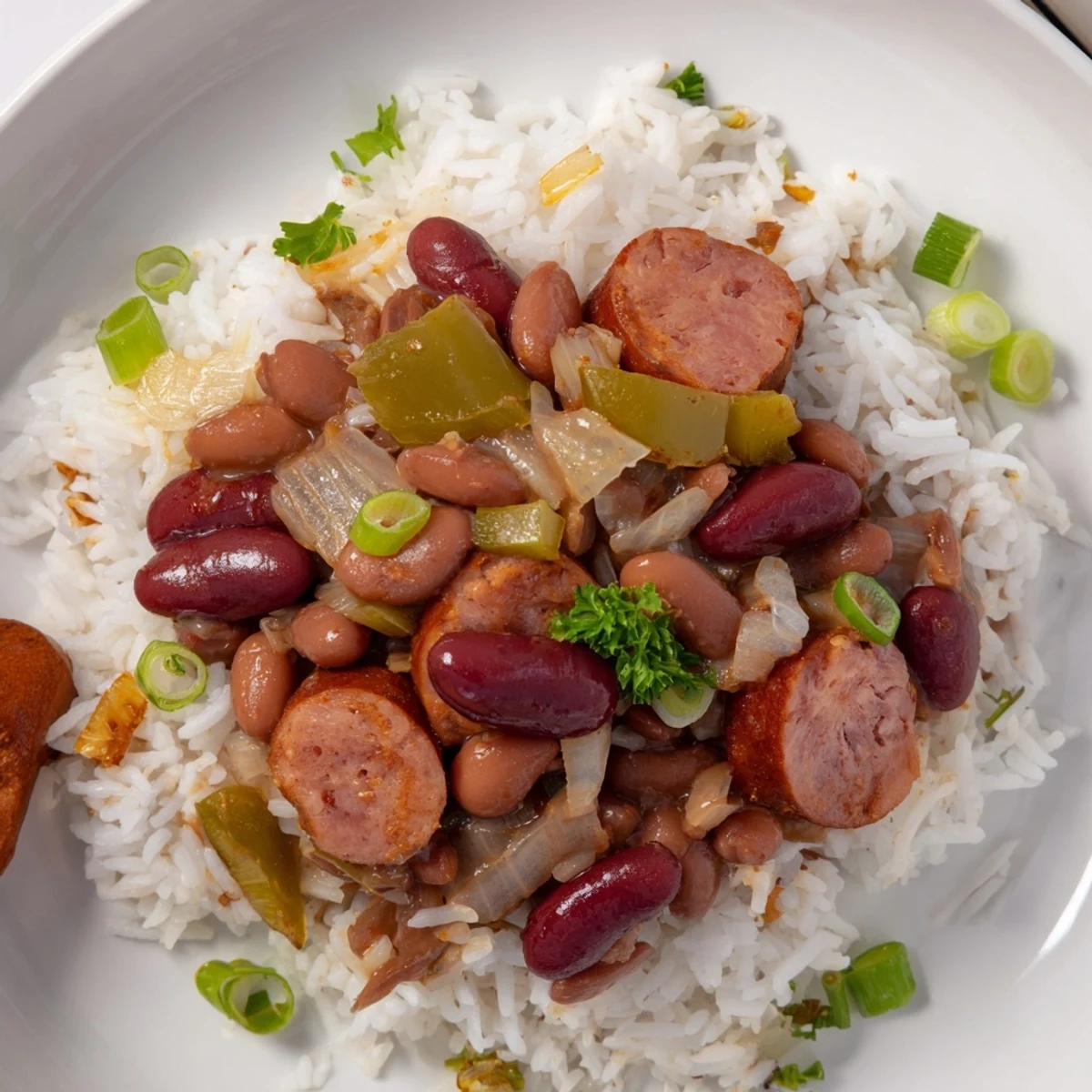 Savory Red Beans & Rice, a comforting Creole dish with tender beans and fluffy white rice.