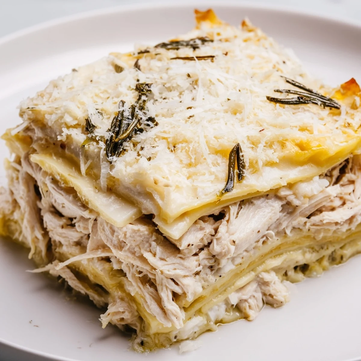 Rosemary Chicken Lasagna, layered with tender chicken and melted mozzarella, is ready to be tasted.