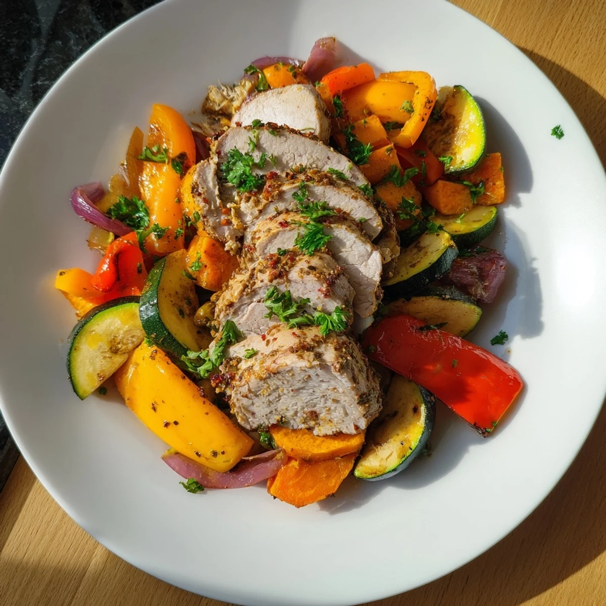 A close-up view of roasted garlic pork tenderloin, showcasing tender meat and roasted vegetable medley.