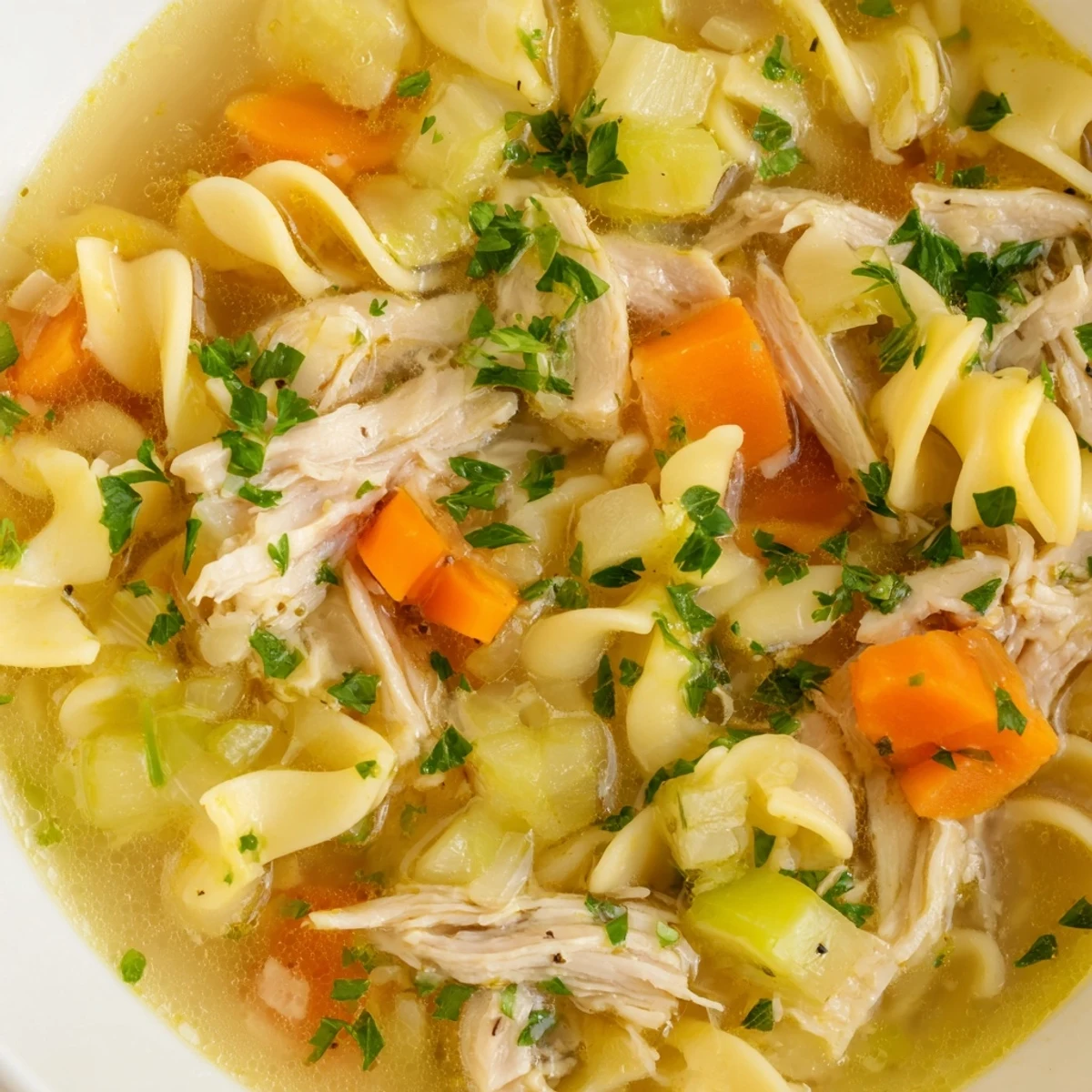 A close-up shot of a warm, flavorful homemade chicken noodle soup, ready to serve and enjoy.