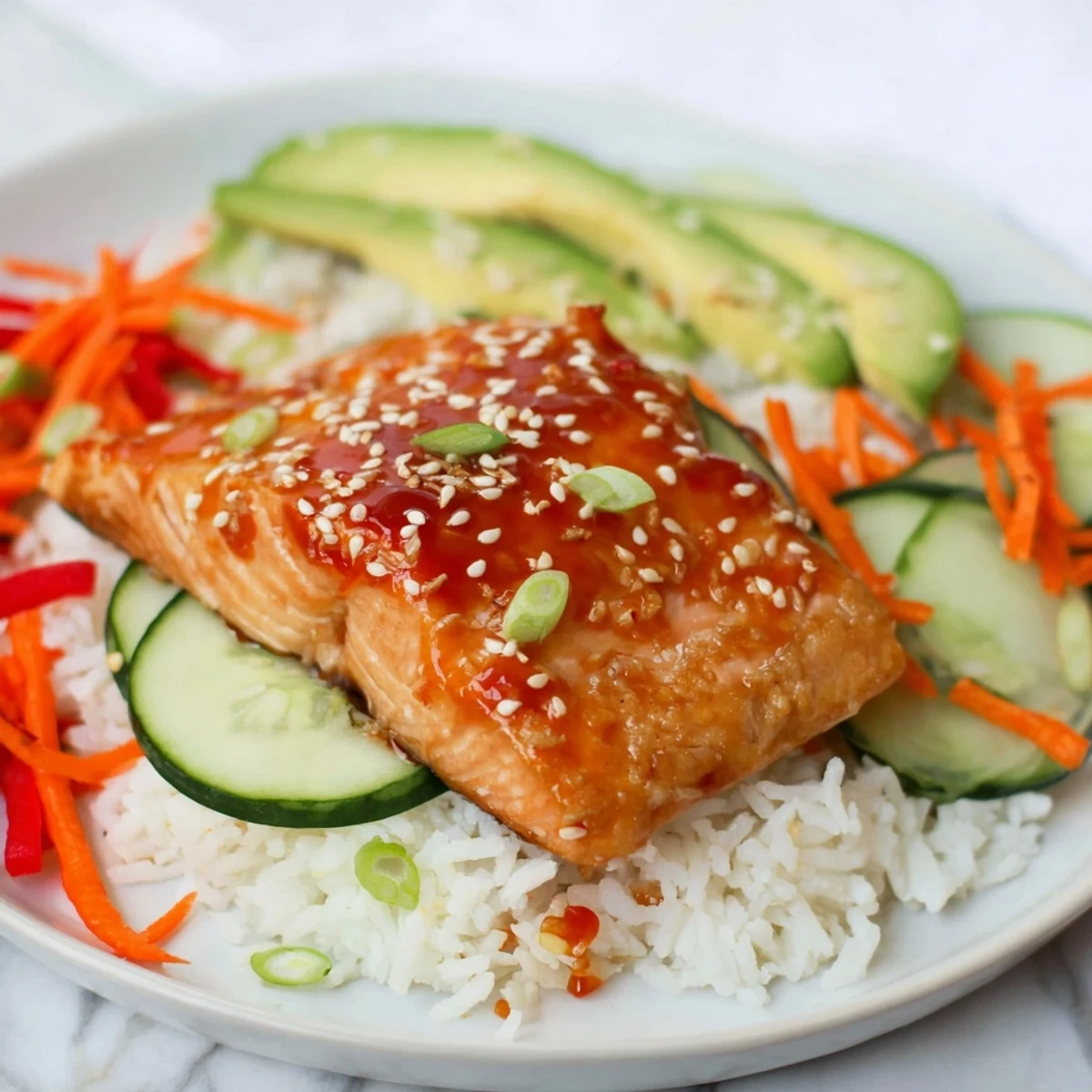 Steaming Sweet Chili Salmon Rice Bowl: Flaky salmon glazed with sweet and savory flavors, served over fluffy rice.