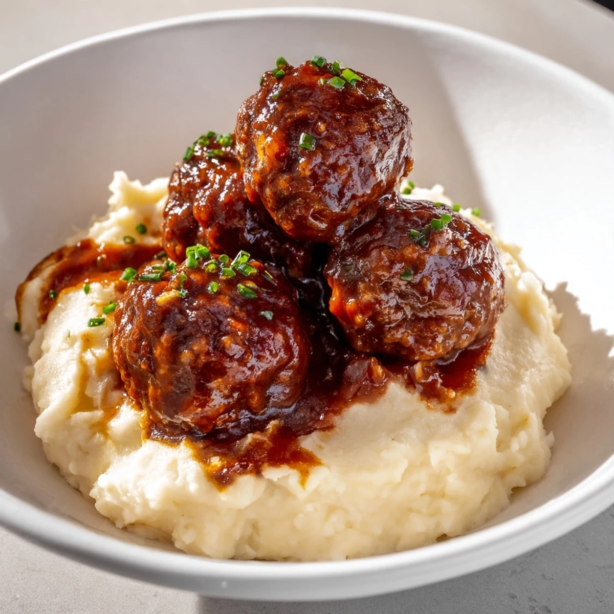 BBQ Meatballs & Mashed Potatoes: Juicy meatballs smothered in BBQ sauce over fluffy mashed potatoes.