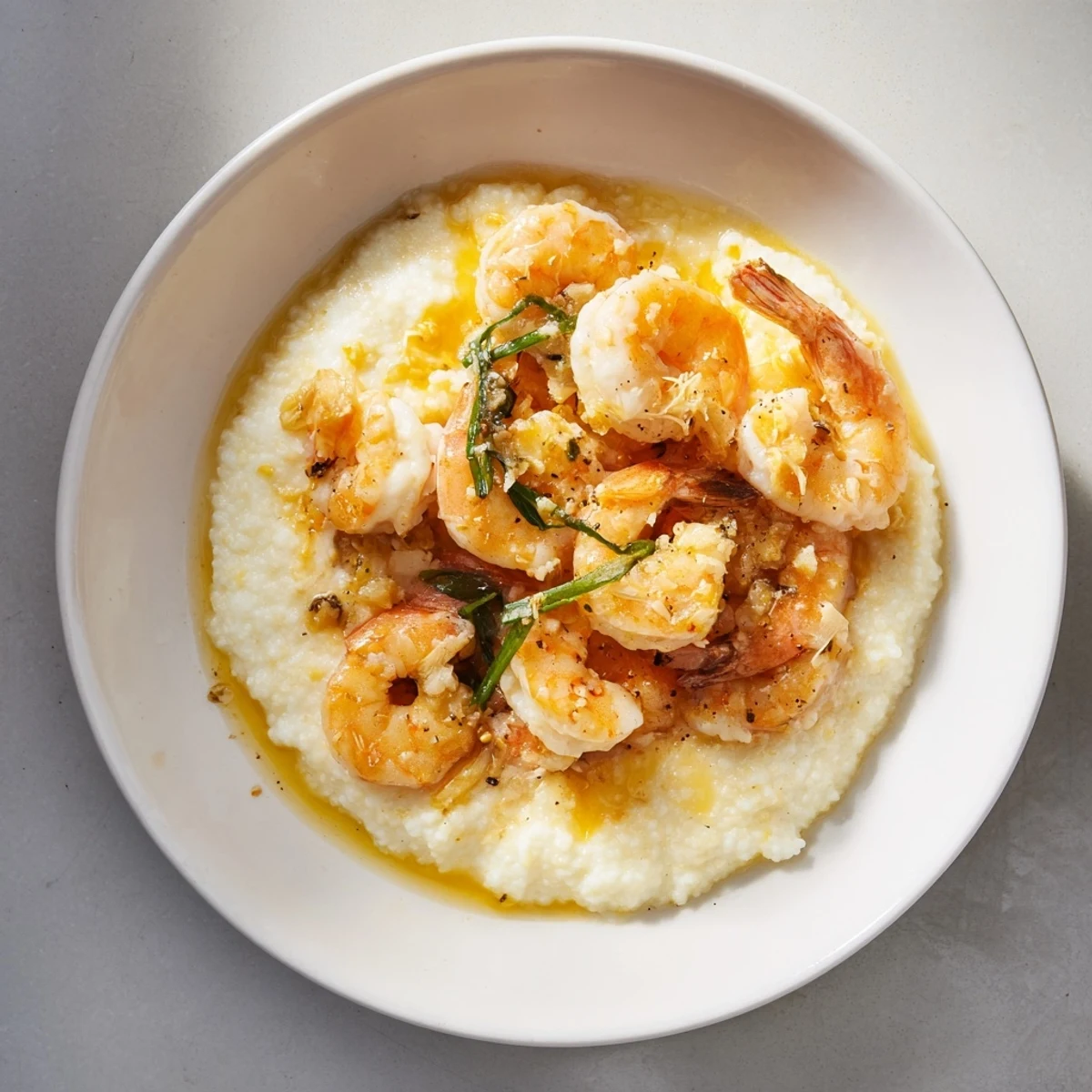Golden-brown shrimp swimming in garlic butter, served over irresistibly cheesy grits, a delightful meal.