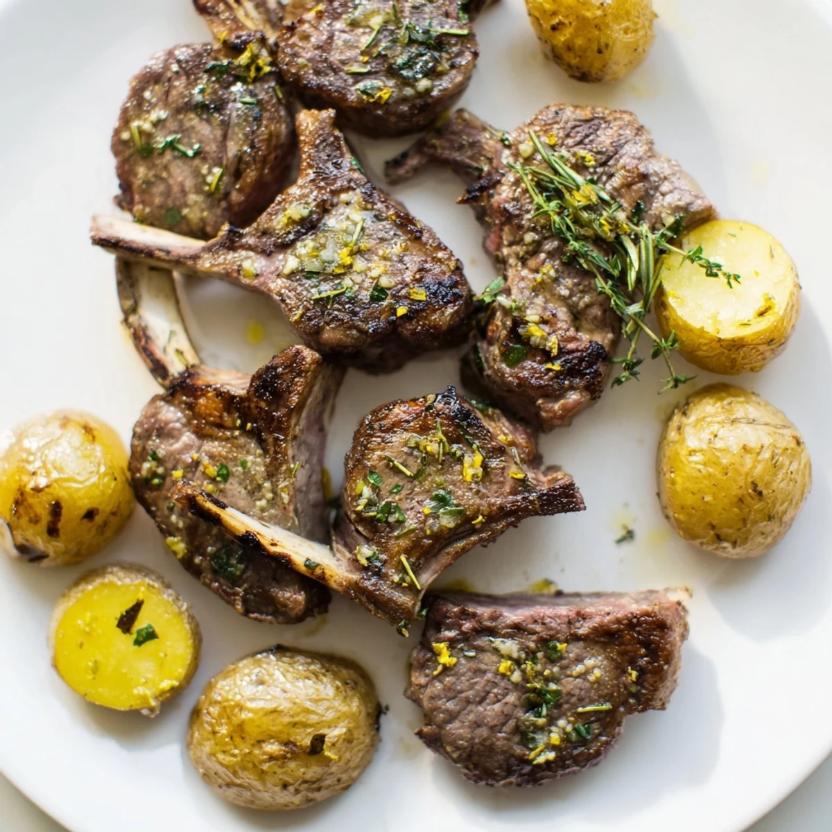 Savory Herbed Lamb Chops with roasted potatoes; a mouthwatering, herb-crusted meal ready for your plate.