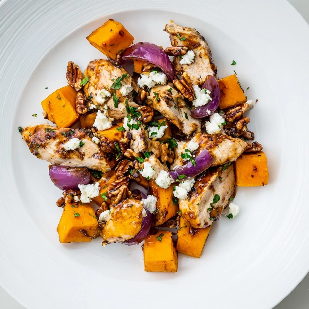 Roasted Chicken & Winter Squash Sheet-Pan Salad with tender chicken and golden-roasted squash—a flavorful main dish.