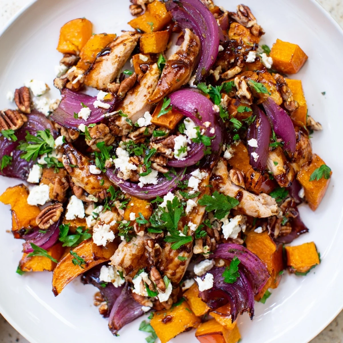 Enjoy a warm bowl of flavorful Roasted Chicken & Winter Squash Sheet-Pan Salad, featuring caramelized squash and hearty chicken.