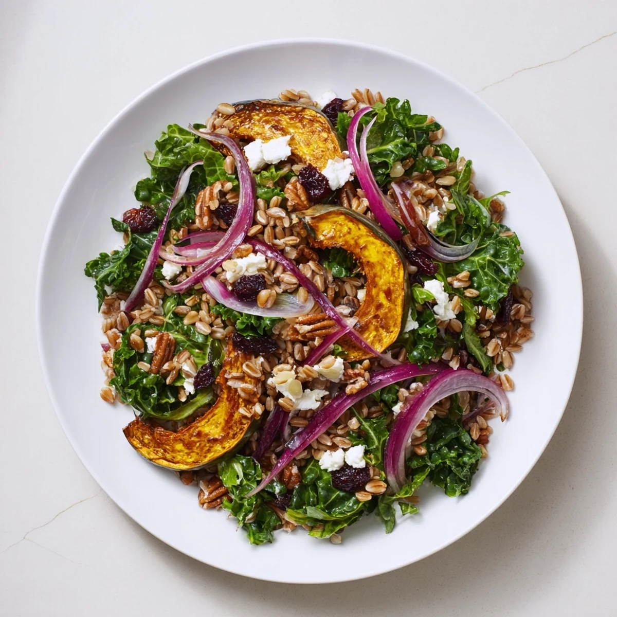 Golden roasted acorn squash tops fresh farro salad with mustard greens and a bright vinaigrette.