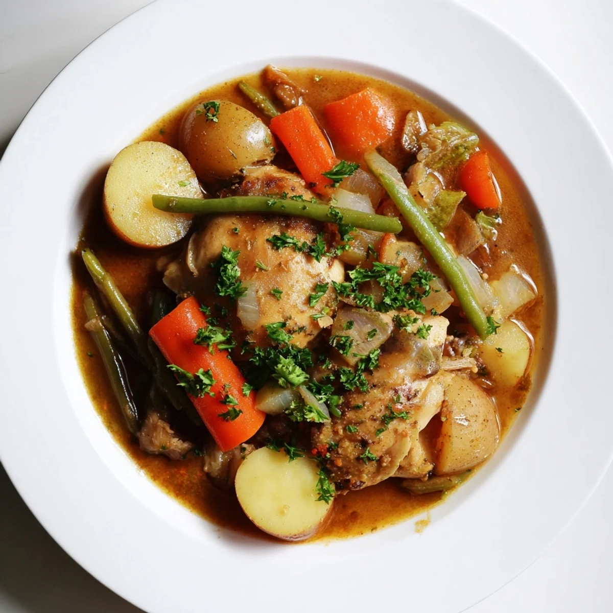 Steaming, flavorful slow-cooker chicken & vegetable stew, perfect for a cozy, comforting dinner on a chilly evening.