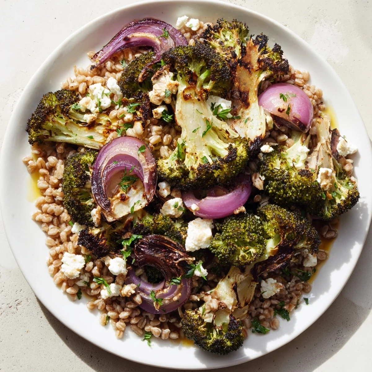 Sizzling warm roasted broccoli sits atop a nutty farro base, drizzled with lemon-herb dressing.