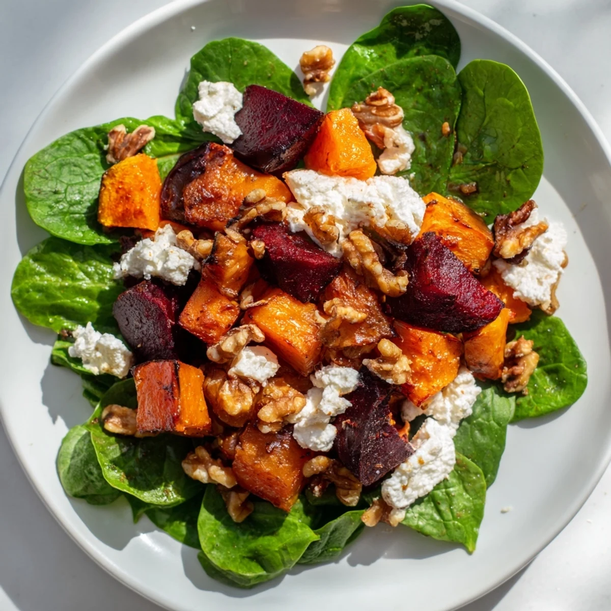 Vibrant roasted beet, butternut squash & spinach salad with goat cheese, a colorful and healthy lunch.
