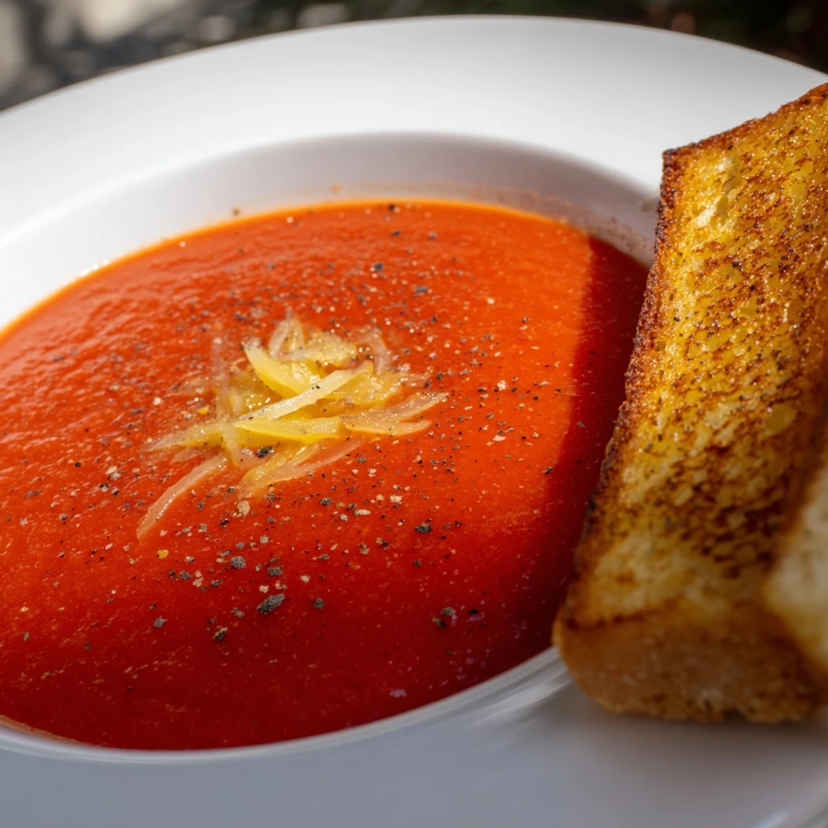 Warm and comforting 5-Ingredient Tomato Soup with a side of crispy grilled cheese, ready for dipping.