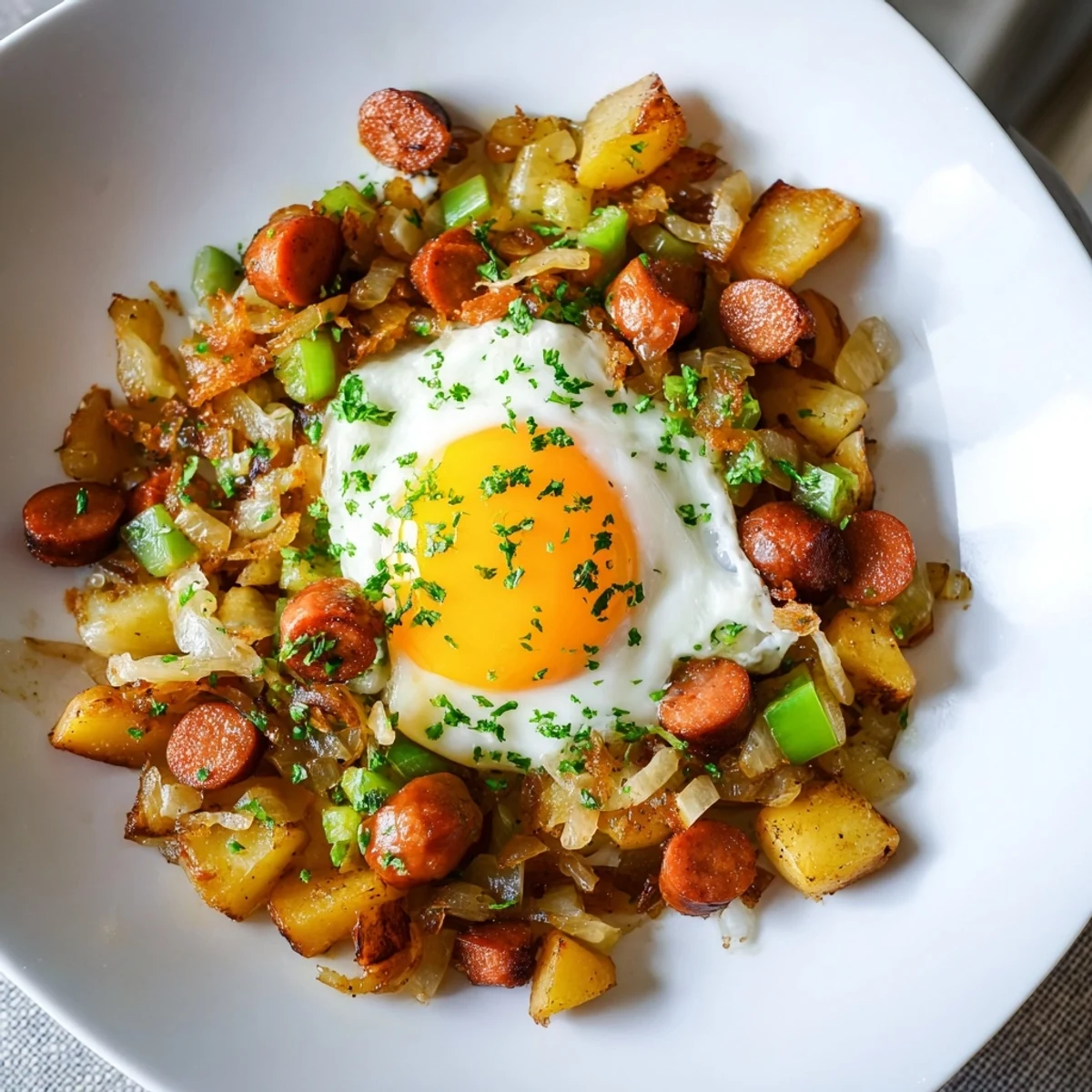 Freshly made Egg & Potato Hash showcasing hot dogs and onions, a simple American breakfast.