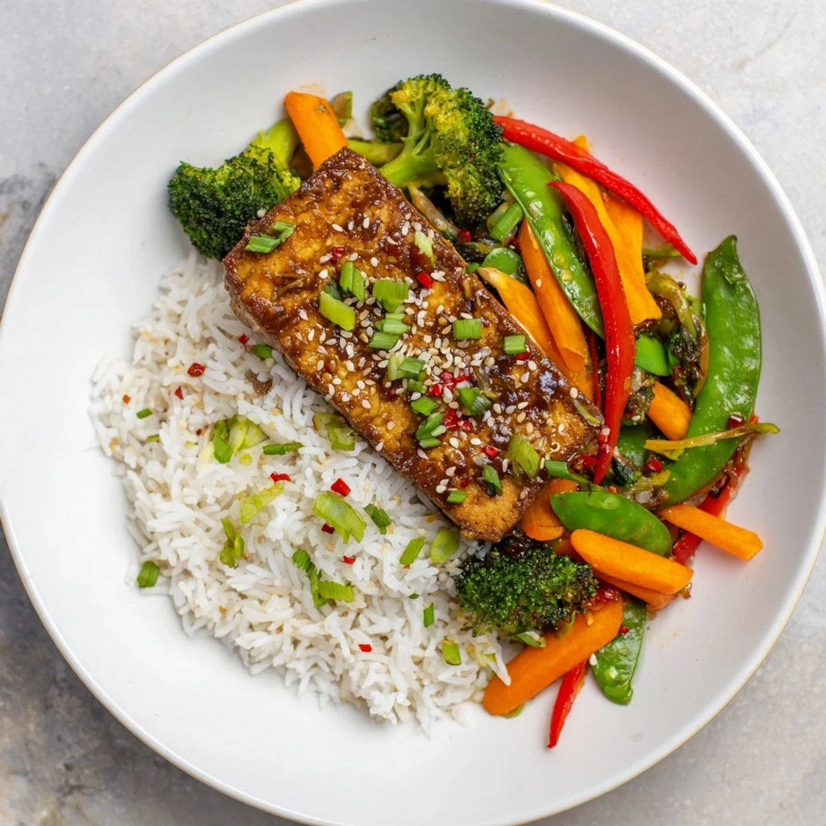 Golden-brown pressed tofu steaks sit atop vibrant stir-fried veggies and rice.