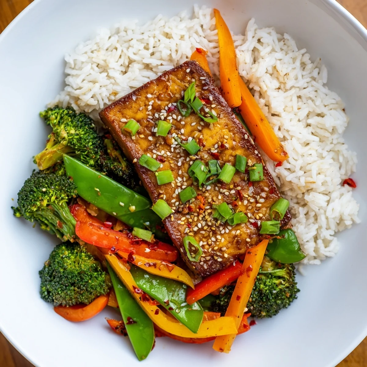 Fluffy white rice is topped with tofu steaks alongside a steaming colorful vegetable stir-fry.