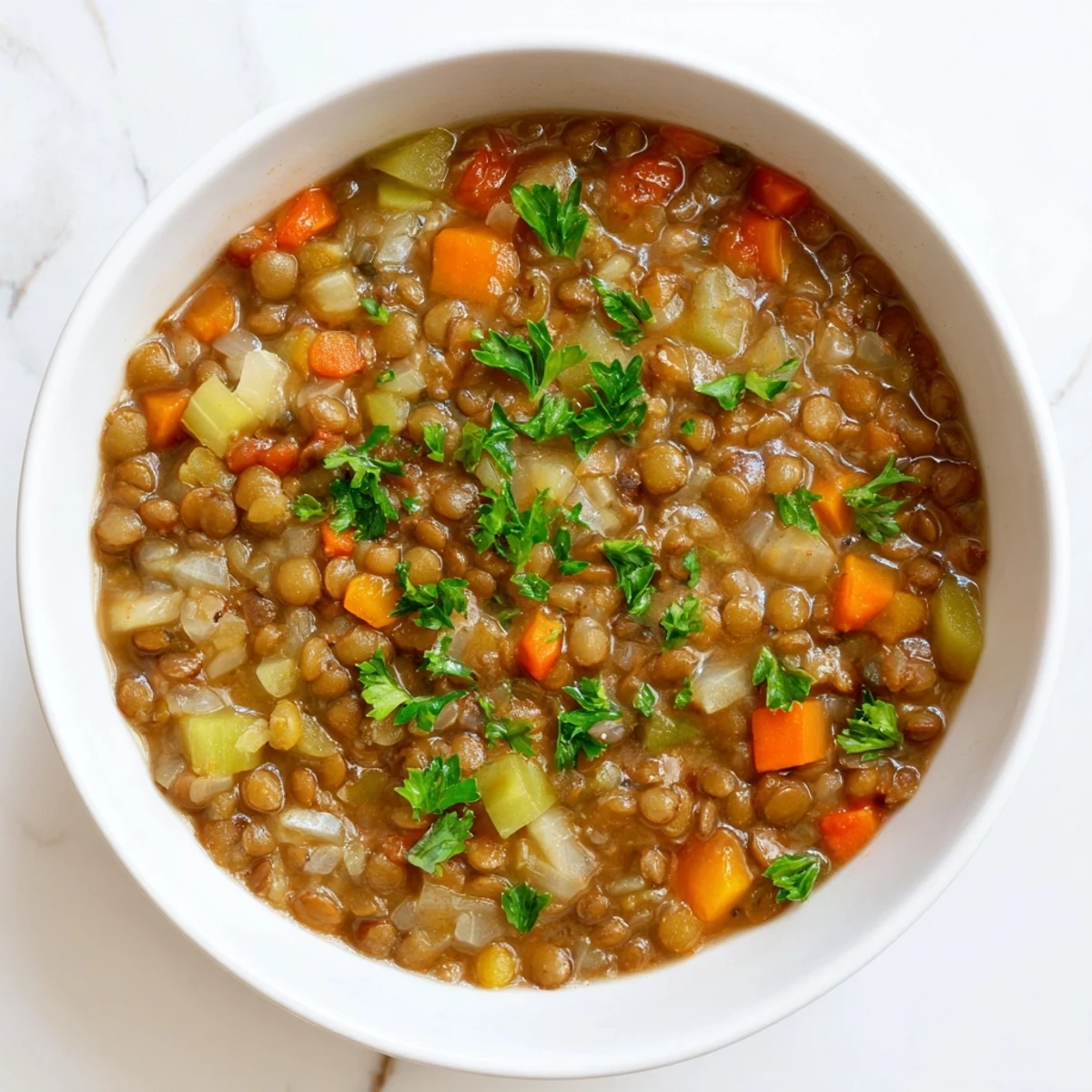 A close-up of hearty Lentil Soup, vibrantly colored with carrots, ready to warm you up.