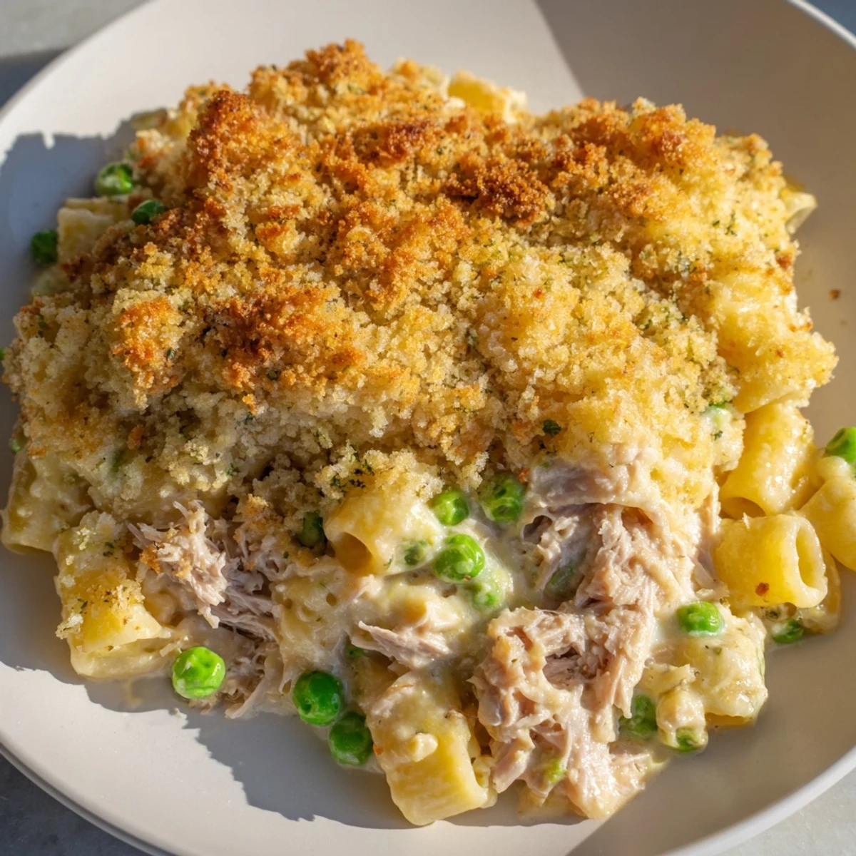 Creamy tuna pasta bake, bubbly with melted cheese and golden, crispy breadcrumb topping.