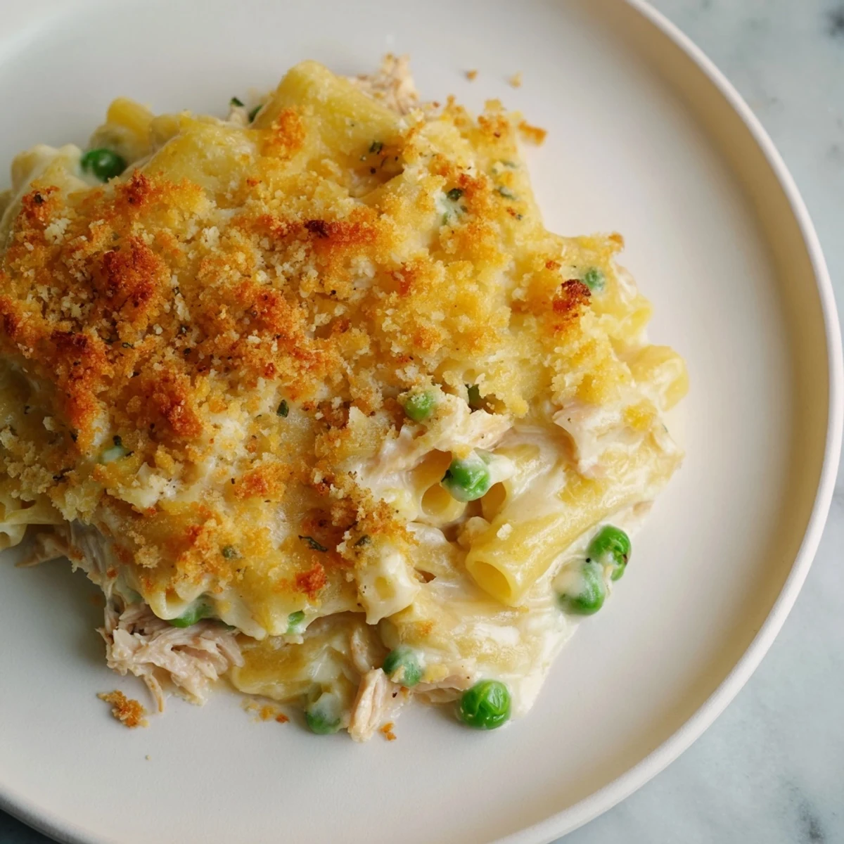 A close-up of a steaming tuna pasta bake with peas and a rich tomato sauce, ready to serve.