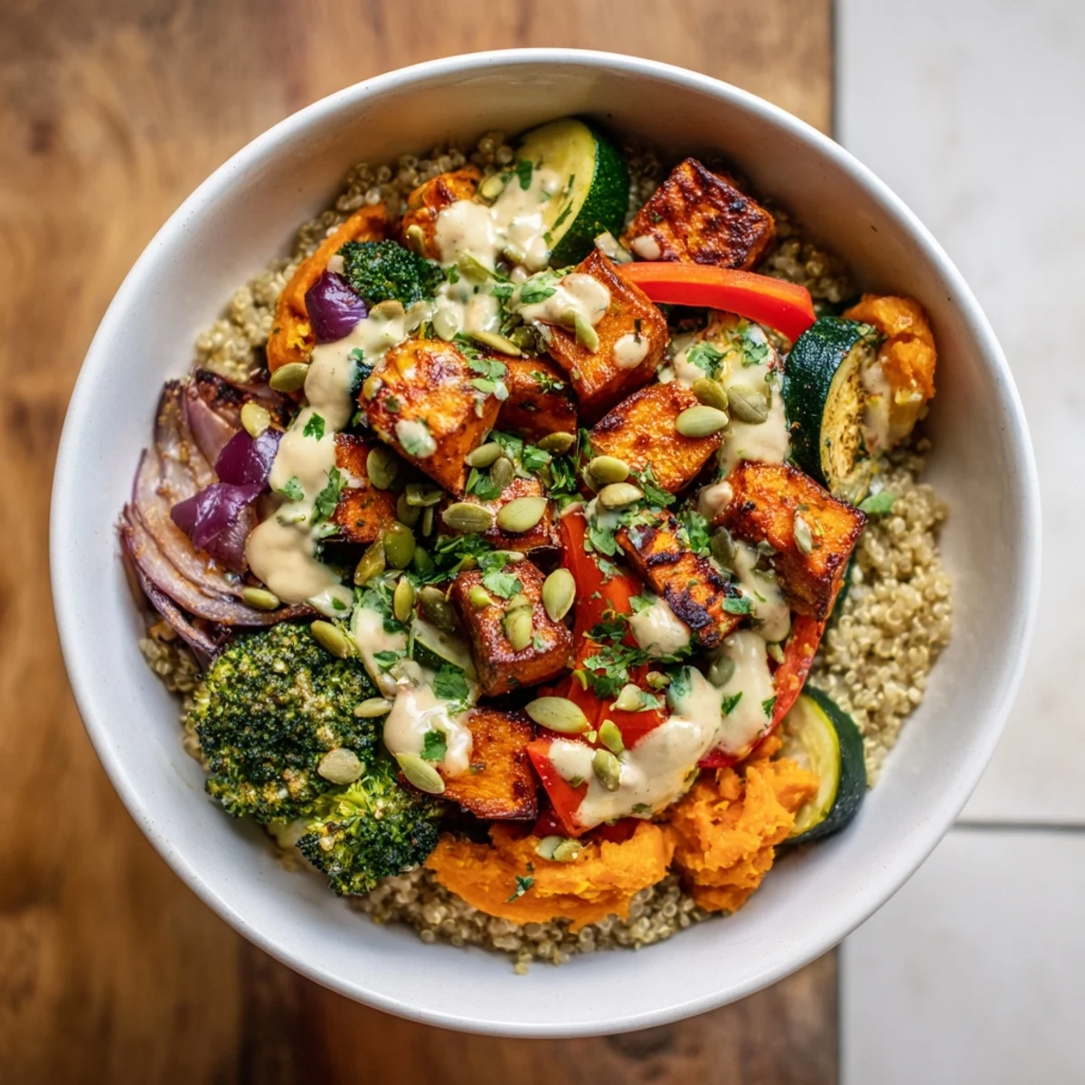 Fluffy quinoa bowl with roasted seasonal veggies, drizzled with zesty lemon-tahini dressing for a vibrant meal.