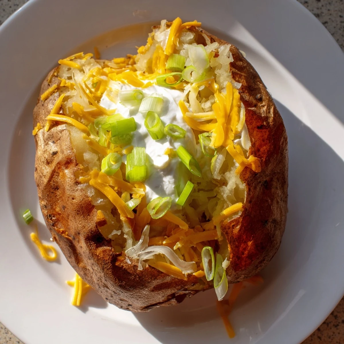 Golden-brown baked potato bar, steaming hot, ready to be customized with delicious toppings for dinner.