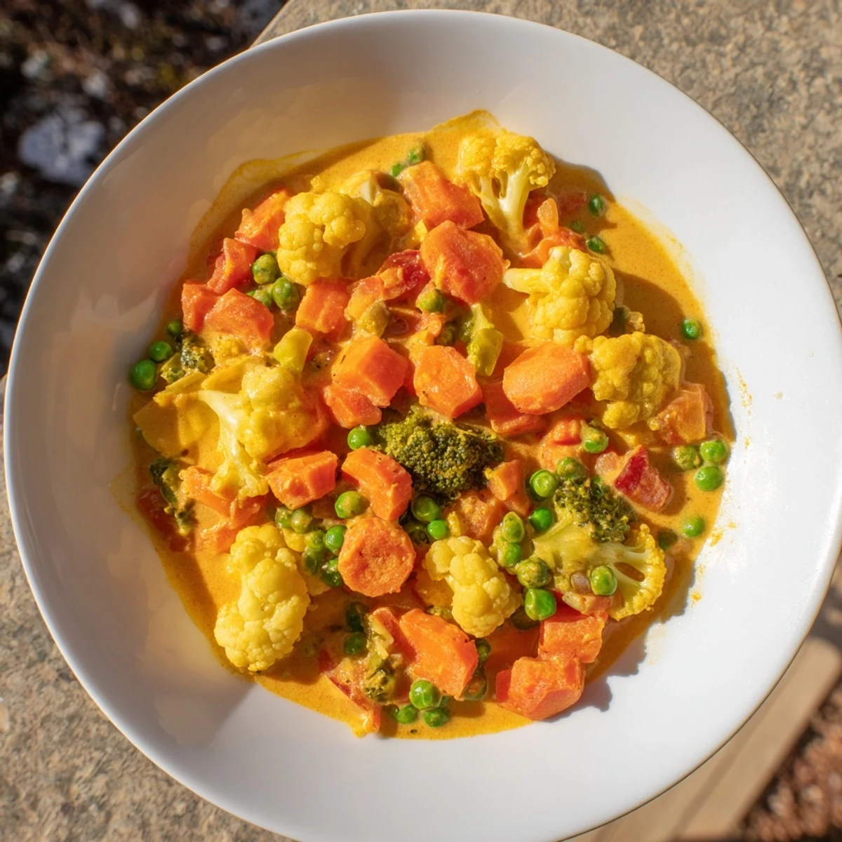 Steaming hot veggie coconut curry, a colorful vegan dish with fresh cilantro and lime notes.