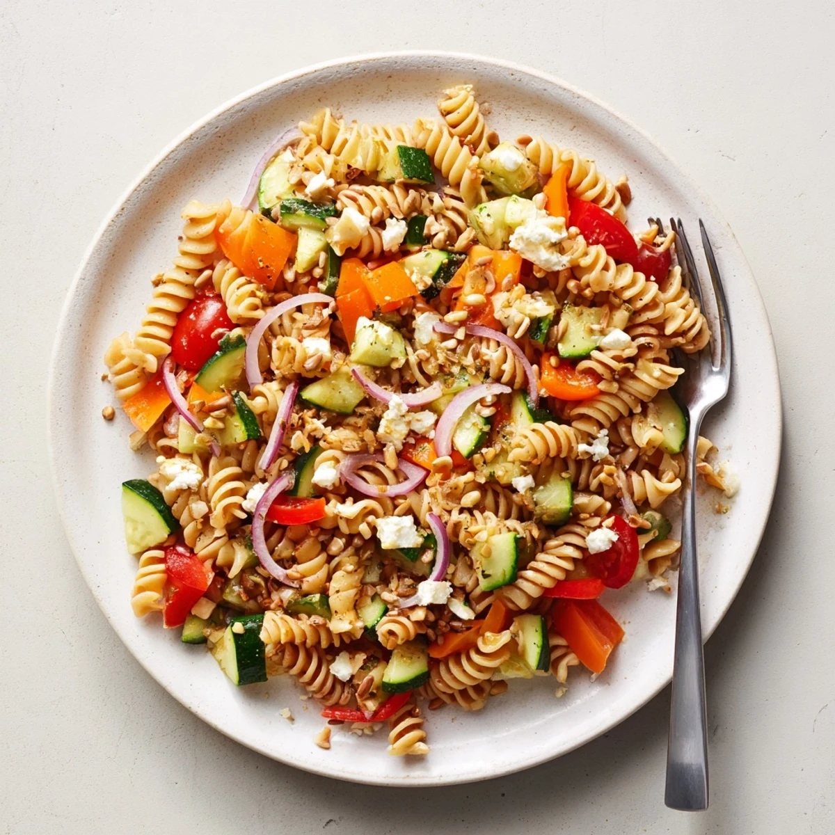 Pasta Salad with Seasonal Veggies and a Simple Dressing, a colorful, cooling meal.