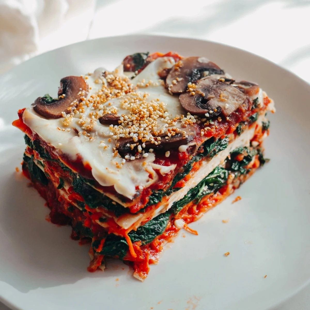 Steaming Vegan Mushroom Spinach Lasagna, ready to serve, with a layer of creamy, dairy-free béchamel.