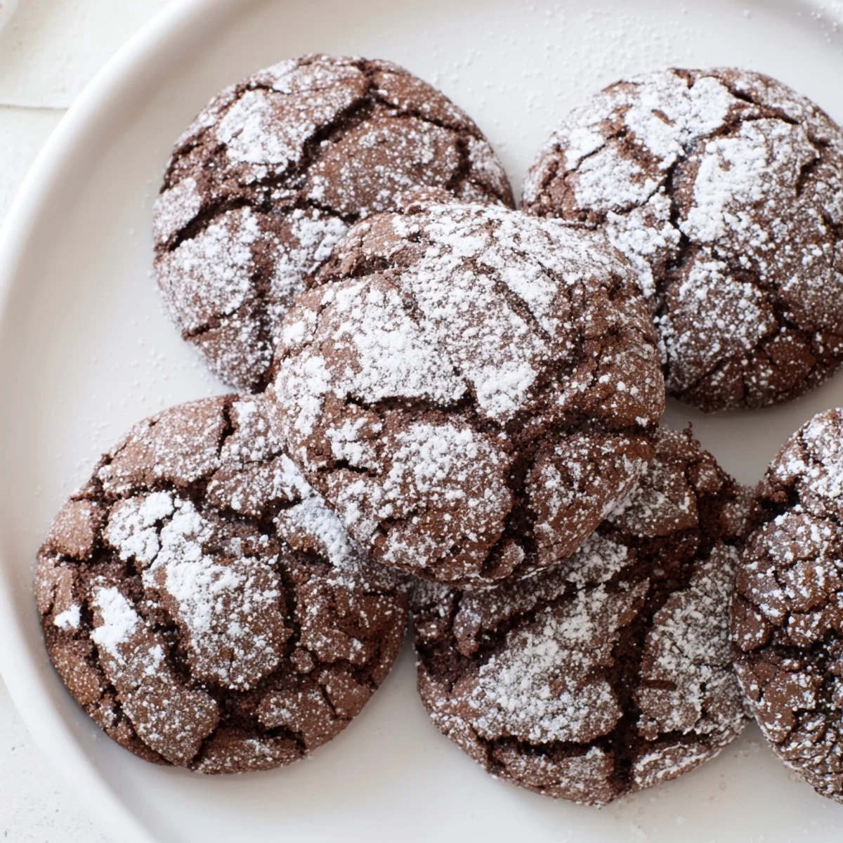 Warm, soft, and chocolatey: a batch of fresh-baked Chocolate Gingerbread Crinkle Cookies piled on a plate.