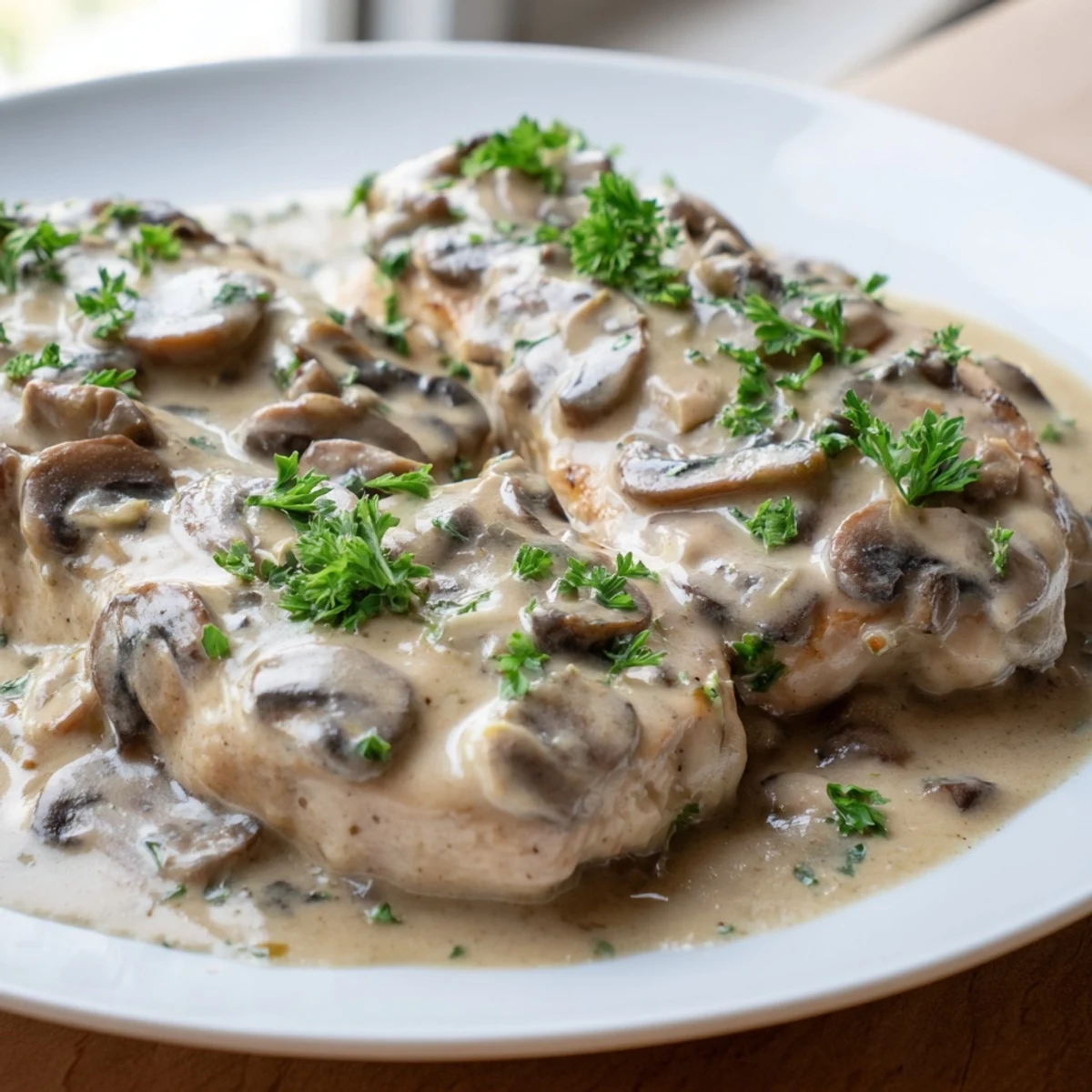 Golden-brown Stove Top Pork Chops with Cream of Mushroom Sauce, served over fluffy mashed potatoes.
