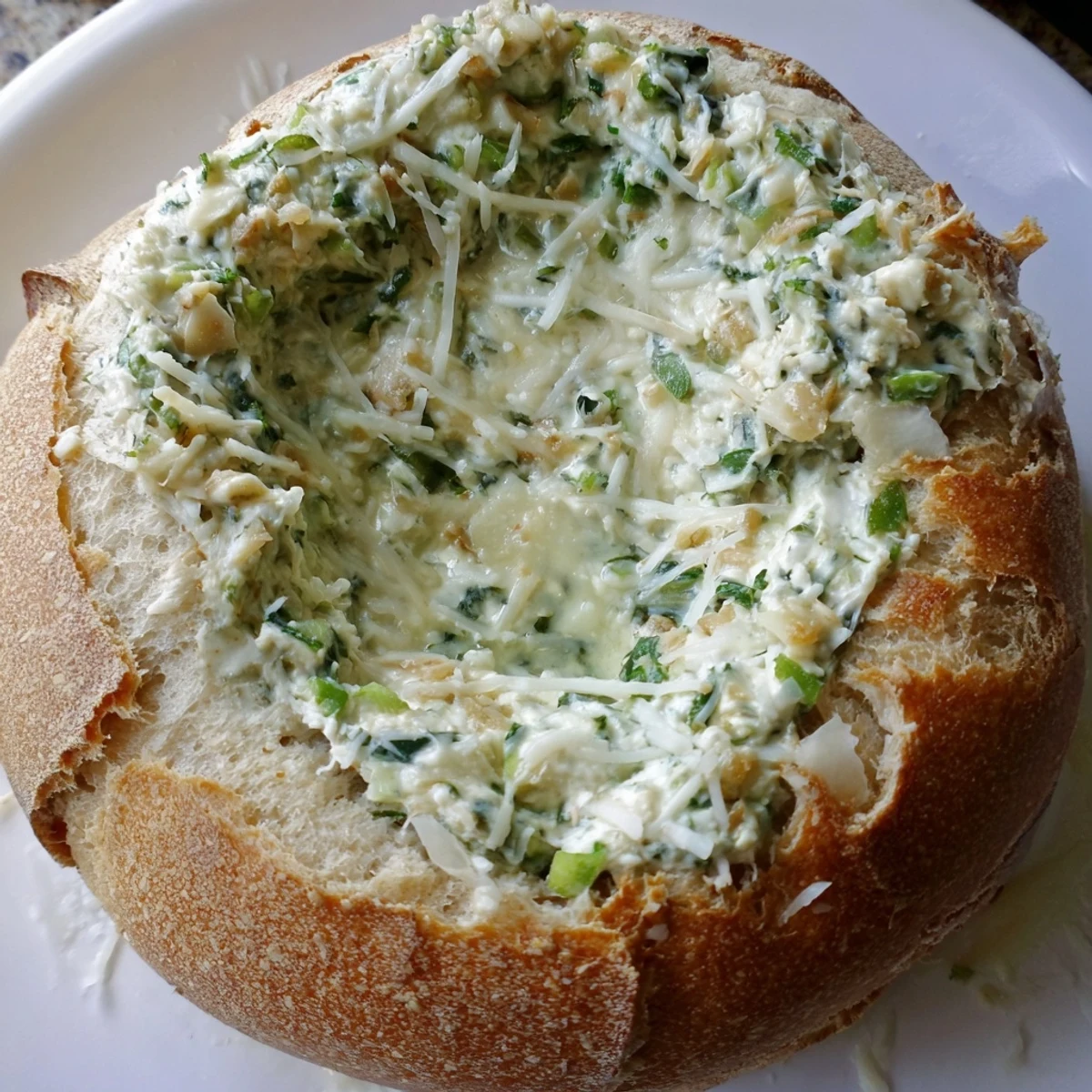 Warm, bubbling Best-Ever Spinach Dip in a crusty bread bowl, ideal for easy entertaining.
