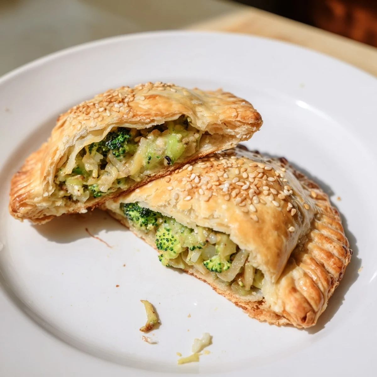 Golden-brown Broccoli Cheddar Quiche-less Hand Pies with a delicious, creamy filling.