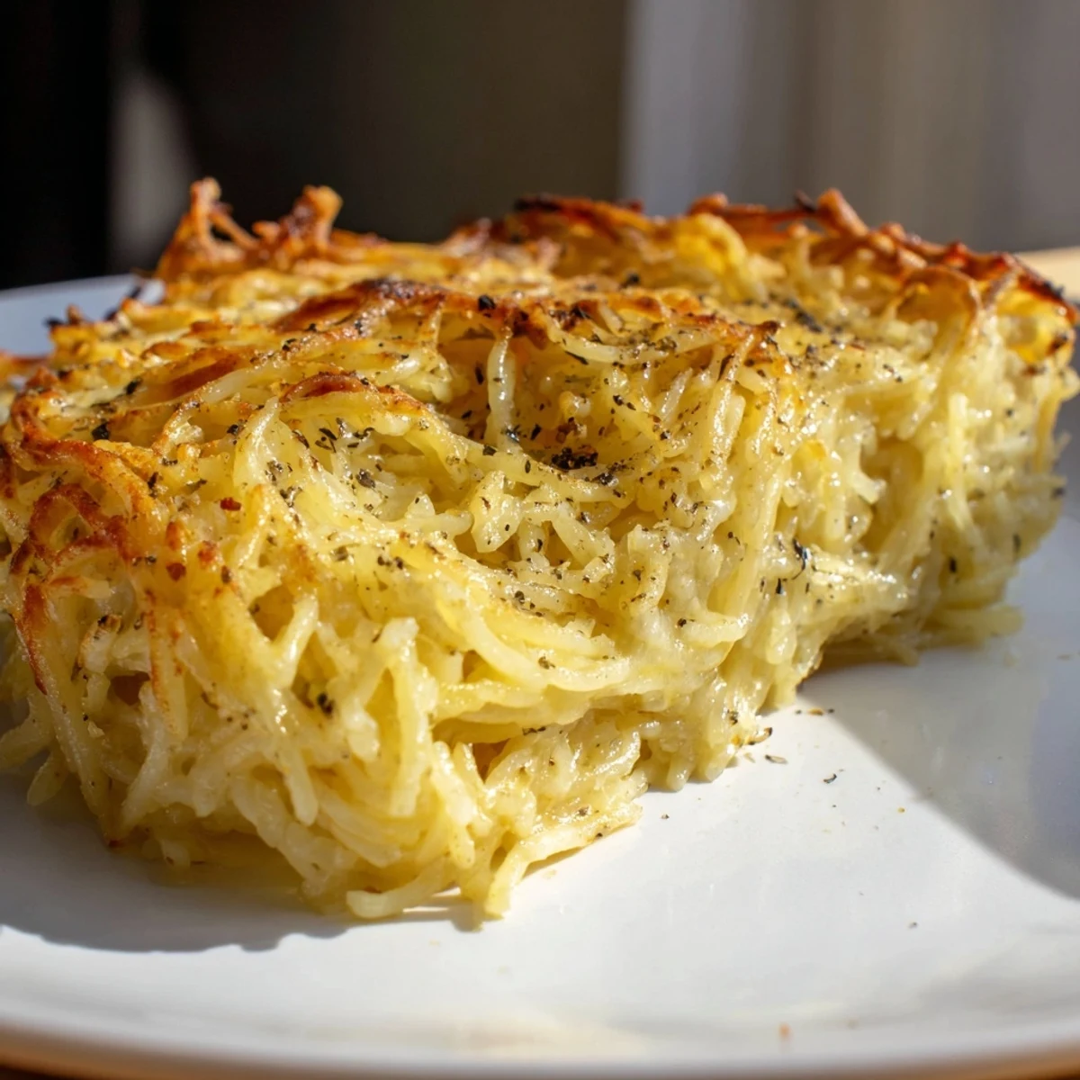 A slice of baked Cacio e Pepe Pasta Pie shows off its cheesy interior and peppered crust.