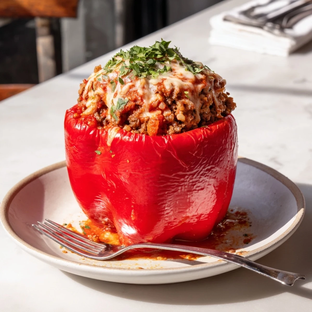 Golden-brown Sloppy Joe Stuffed Bell Peppers, brimming with a savory beef and tomato filling, are ready to eat.
