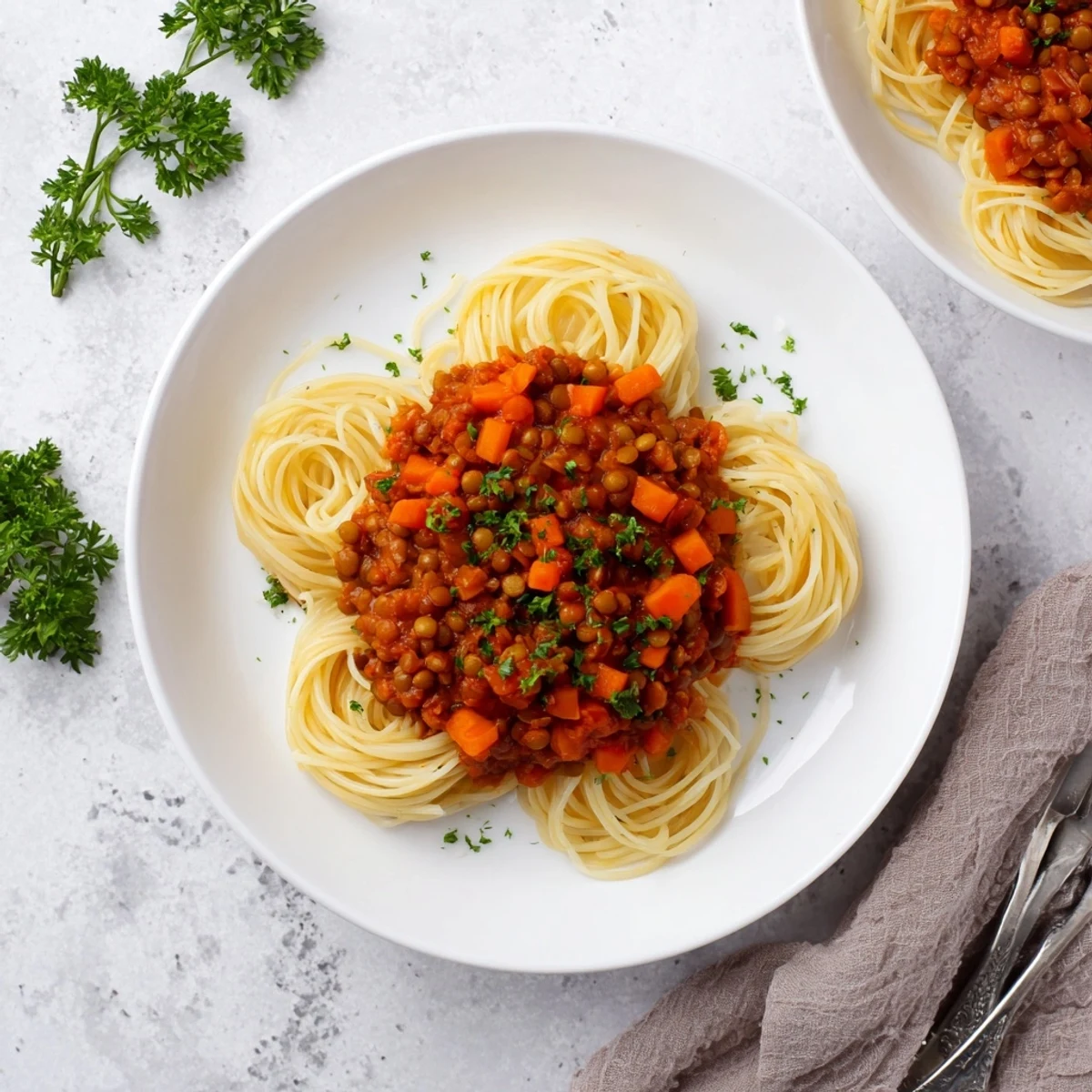 Steaming bowl of Hearty Lentil Bolognese, a wholesome, flavorful pasta dish ready to enjoy.