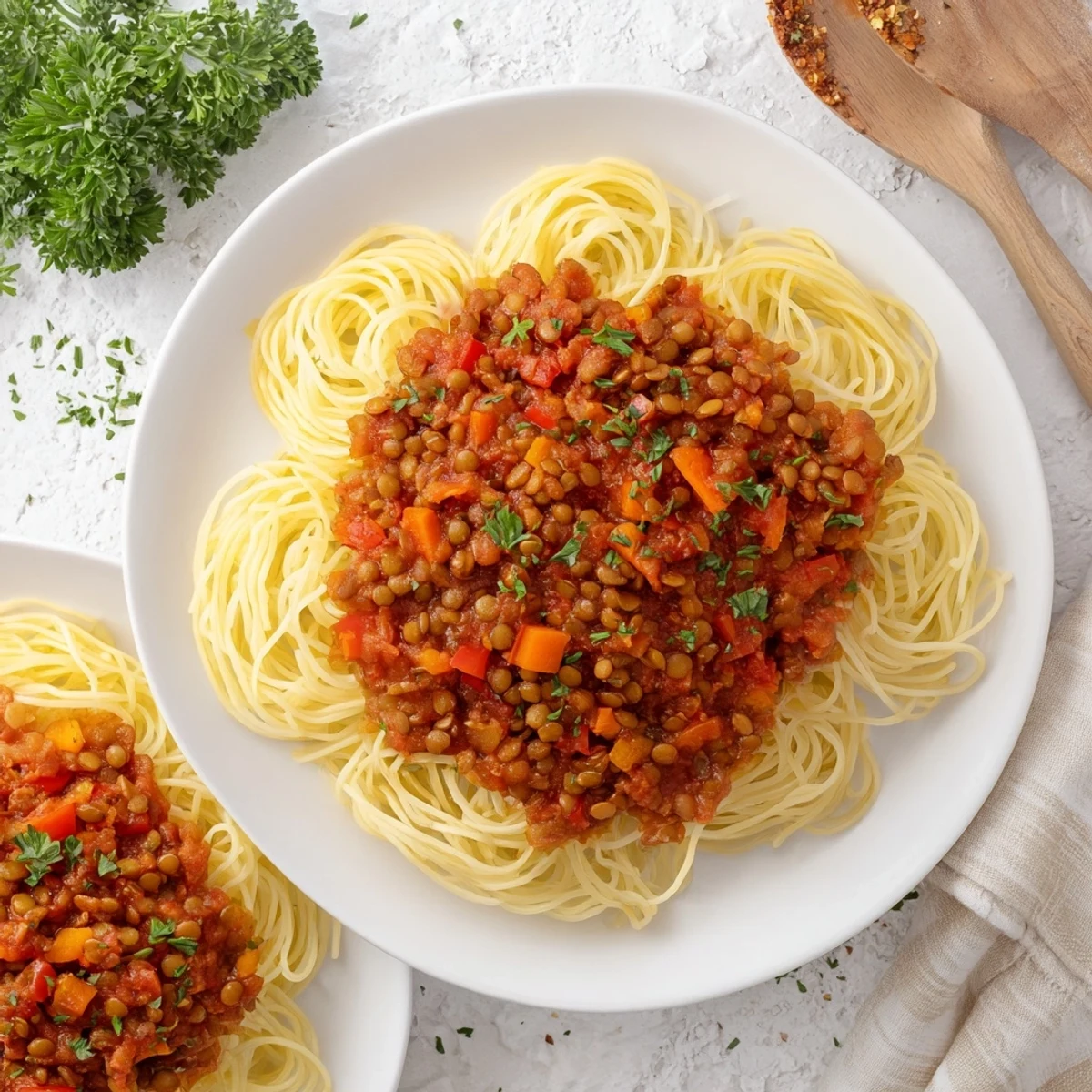 Fragrant Hearty Lentil Bolognese, served atop spaghetti, garnished with fresh herbs, and ideal for supper.