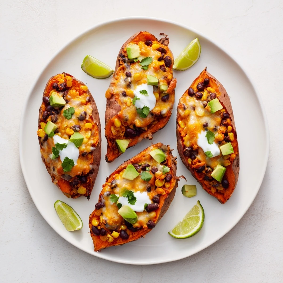 Steaming loaded baked sweet potatoes brimming with black beans, cheese, and fresh cilantro, a hearty meal.