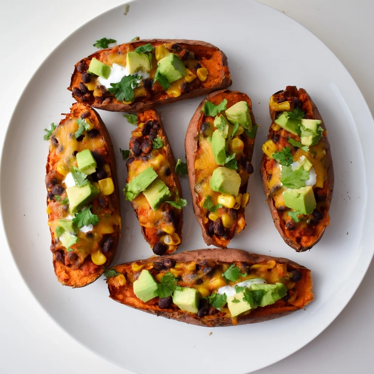 Fork-tender loaded baked sweet potatoes bursting with a colorful black bean and corn topping, ready to enjoy.