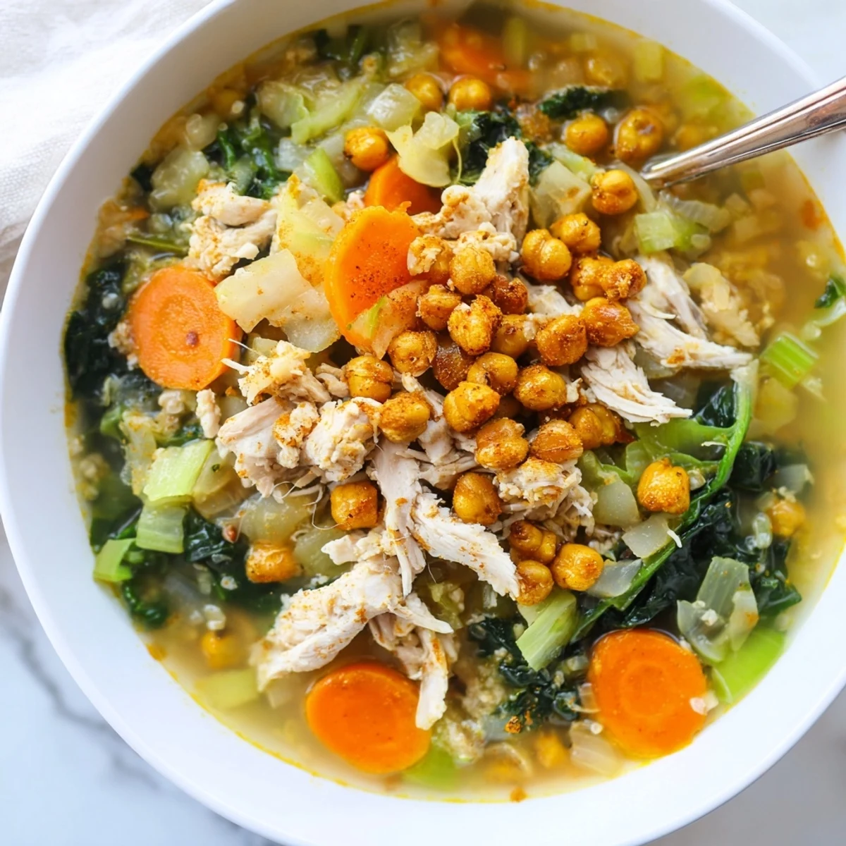 Chicken Kale Soup Crispy Chickpeas