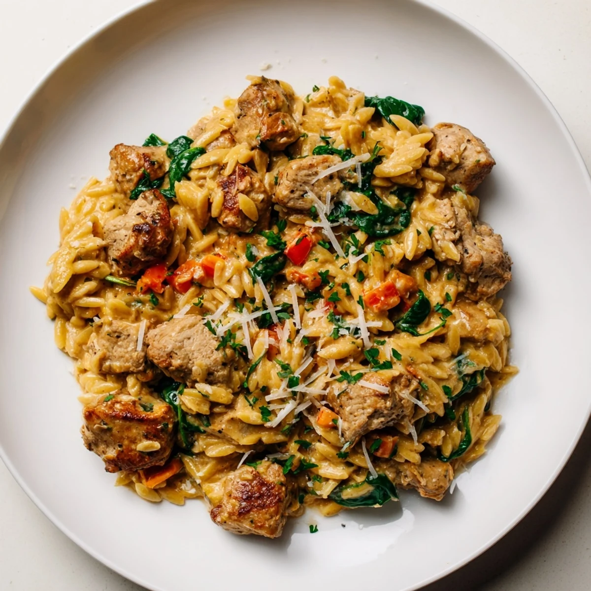 Enjoy a bowl of One-Pot Cajun Chicken Alfredo Orzo, a weeknight dinner with fragrant spices.