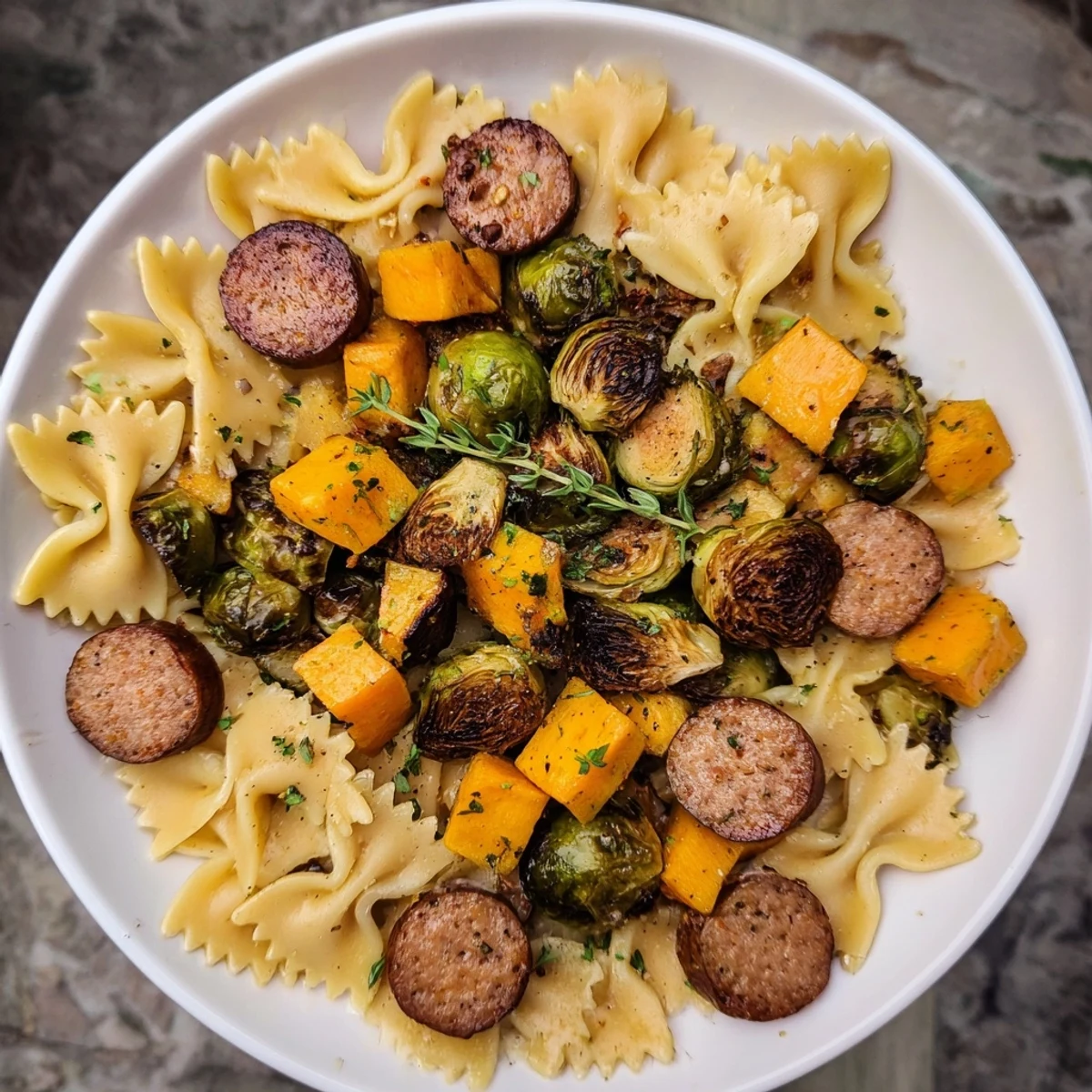 A close-up view of Autumn Sausage Pasta Squash, with vibrant orange squash and hearty sausage visible.