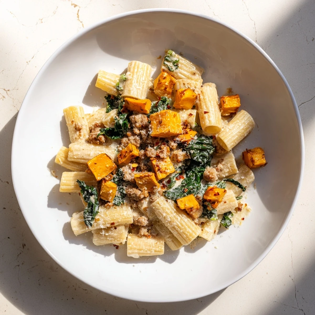 Creamy Rigatoni with Butternut Squash, a hearty pasta dish with sausage and a Parmesan cheese garnish.
